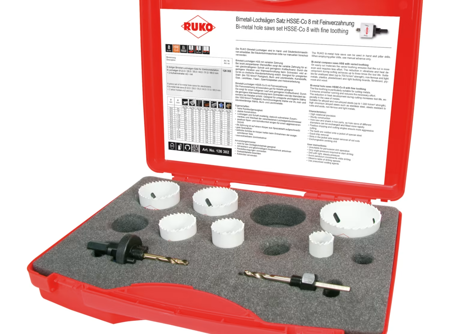 Bi-metal hole saw set HSSE-Co 8 in plastic case Ruko
